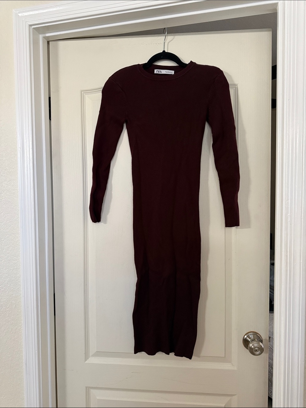 Zara Burgundy Ribbed Long Sleeve Midi Dress